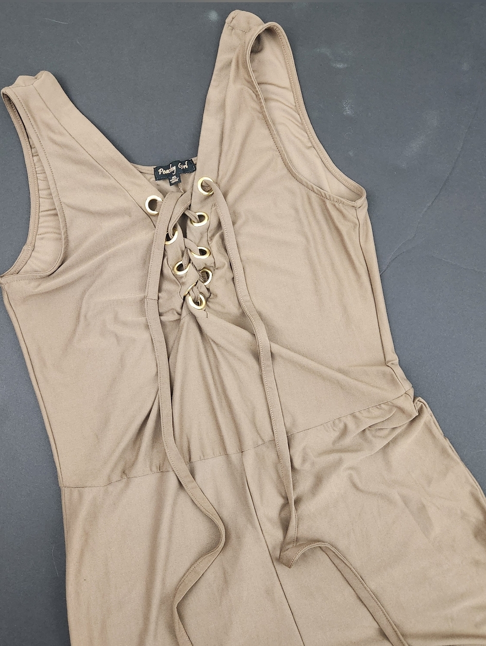 Peachy Girl Lace-Up Taupe Sleeveless Jumpsuit